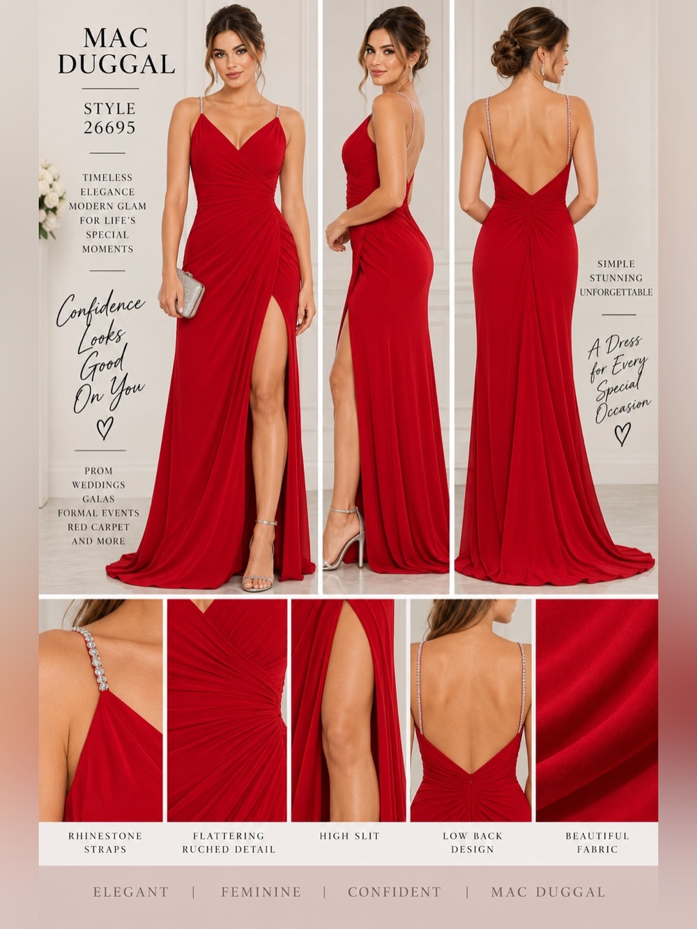 Mac Duggal 26695 Red Rhinestone Strap Ruched Formal Gown NWT